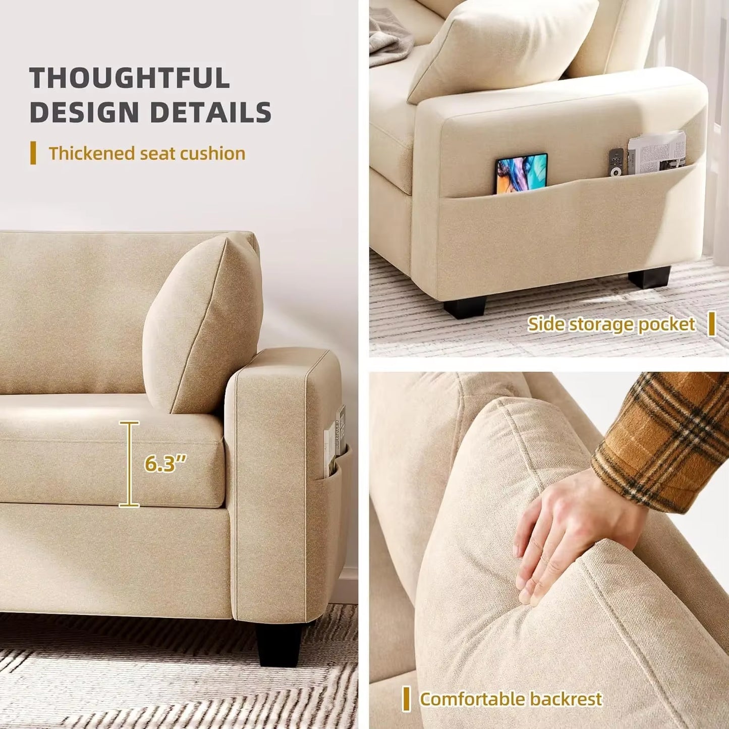 Couch, Comfy Upholstered Loveseat with Extra Deep Seats, Chenille Fabric Sofa for Living Room Apartment Office, 3 Seater Couch W
