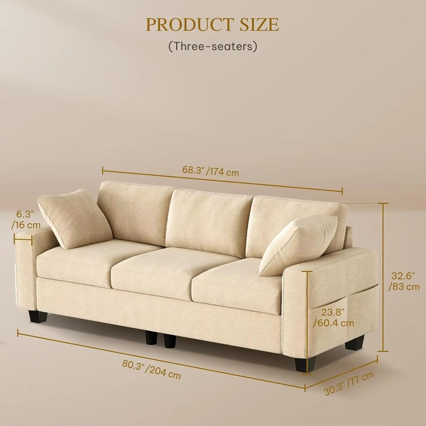 Couch, Comfy Upholstered Loveseat with Extra Deep Seats, Chenille Fabric Sofa for Living Room Apartment Office, 3 Seater Couch W