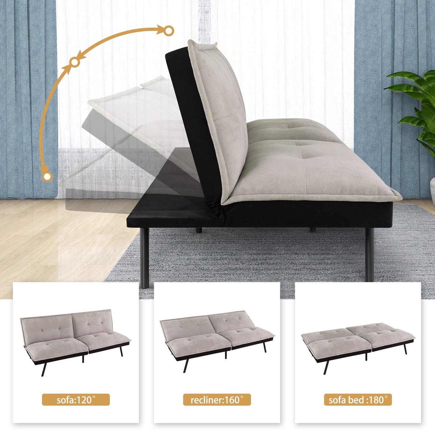 Futon Sofa Bed, Modern Convertible Memory Foam Sleeper Sofa, Adjustable Backrest, Grey