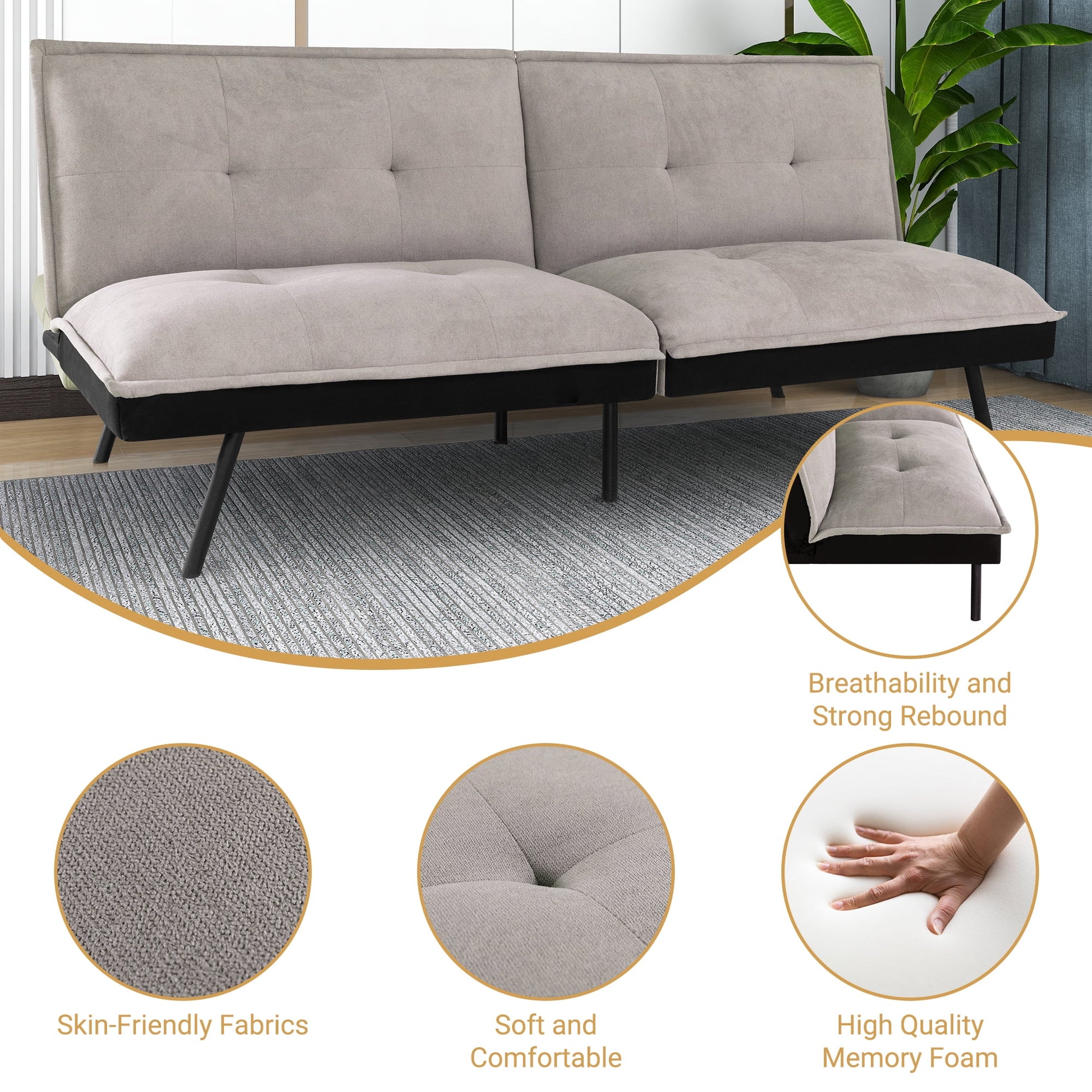 Futon Sofa Bed, Modern Convertible Memory Foam Sleeper Sofa, Adjustable Backrest, Grey