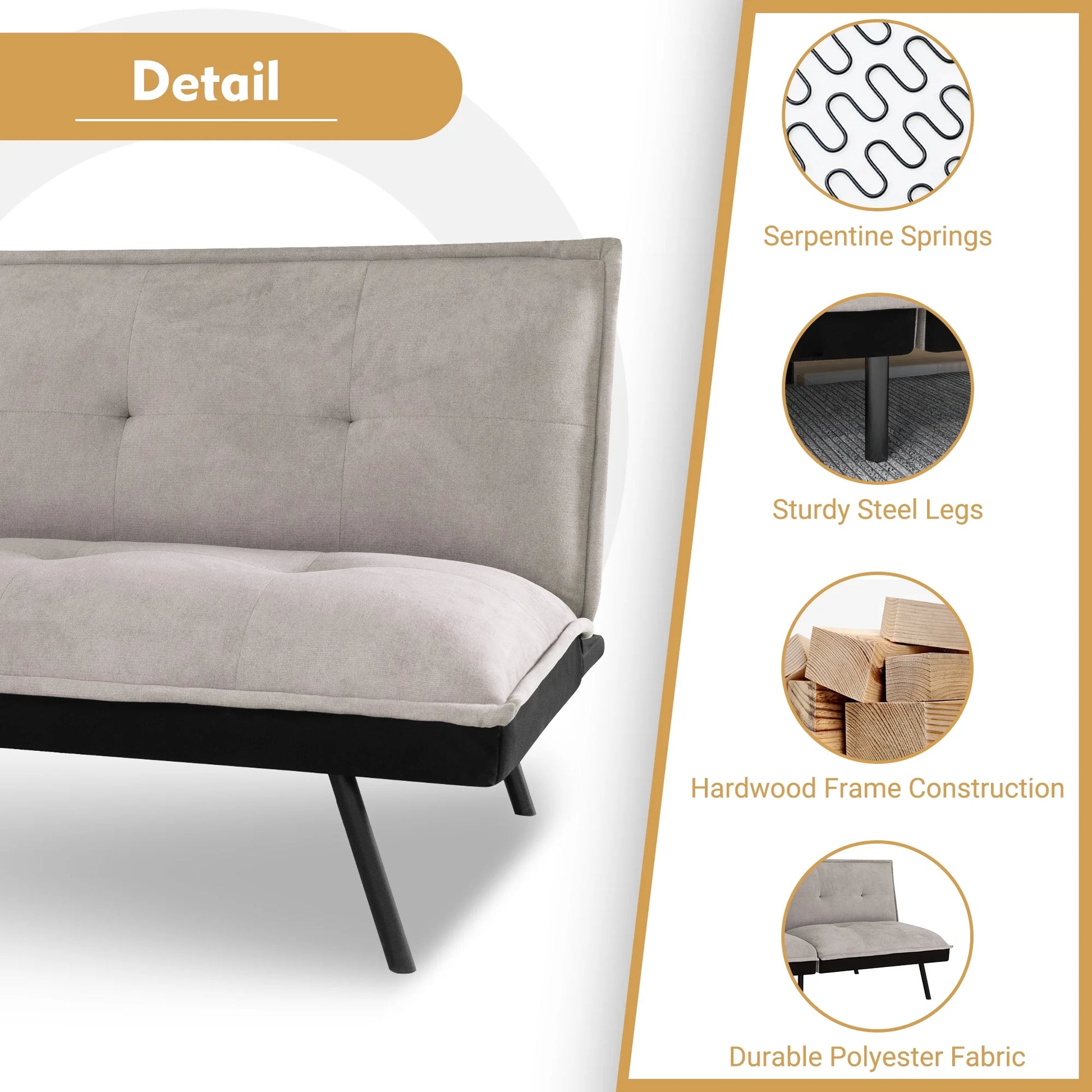 Futon Sofa Bed, Modern Convertible Memory Foam Sleeper Sofa, Adjustable Backrest, Grey