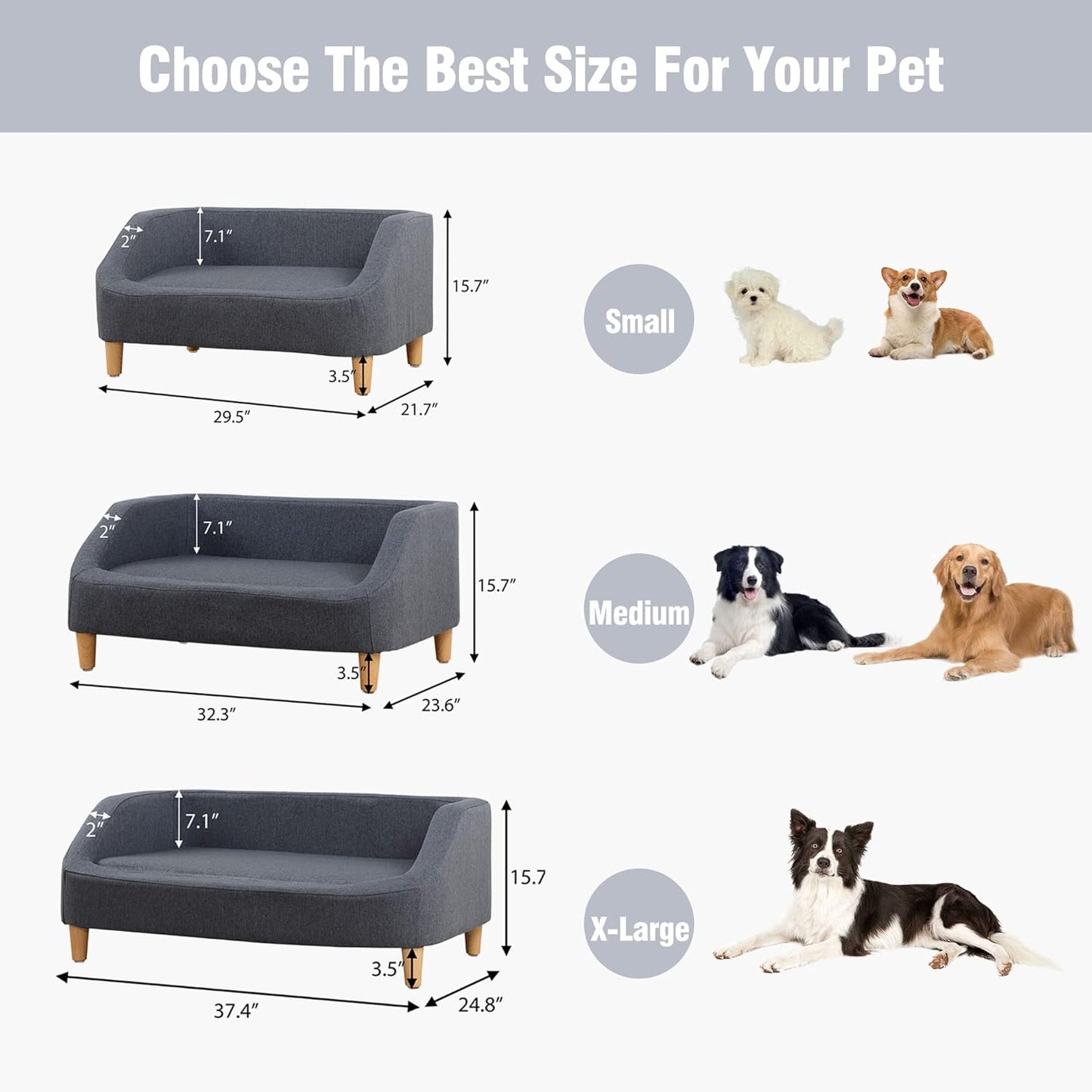 37" Dog Sofa, Cat Sofa, Pet Sofa, Pet Bed, Rectangle Sofa with Movable Cushion, with Wood Style Foot (Gray)