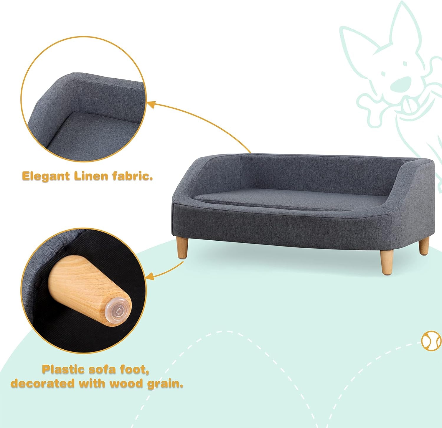37" Dog Sofa, Cat Sofa, Pet Sofa, Pet Bed, Rectangle Sofa with Movable Cushion, with Wood Style Foot (Gray)