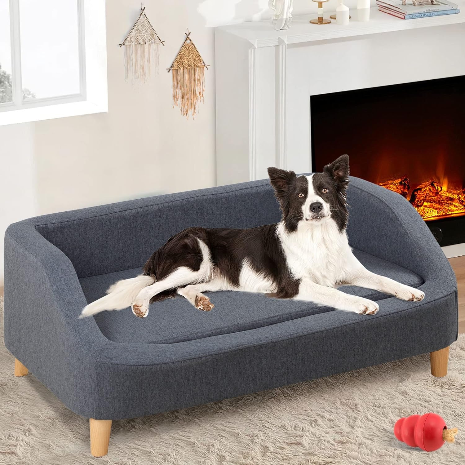 37" Dog Sofa, Cat Sofa, Pet Sofa, Pet Bed, Rectangle Sofa with Movable Cushion, with Wood Style Foot (Gray)