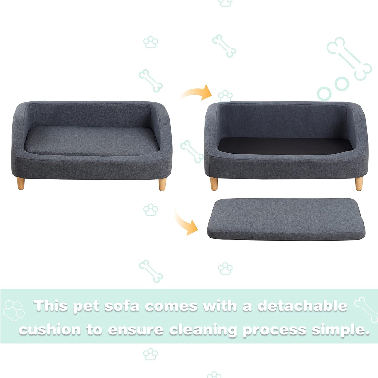 37" Dog Sofa, Cat Sofa, Pet Sofa, Pet Bed, Rectangle Sofa with Movable Cushion, with Wood Style Foot (Gray)