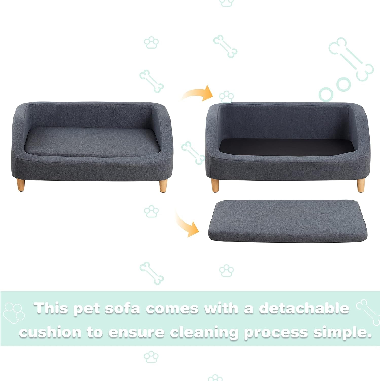 37" Dog Sofa, Cat Sofa, Pet Sofa, Pet Bed, Rectangle Sofa with Movable Cushion, with Wood Style Foot (Gray)