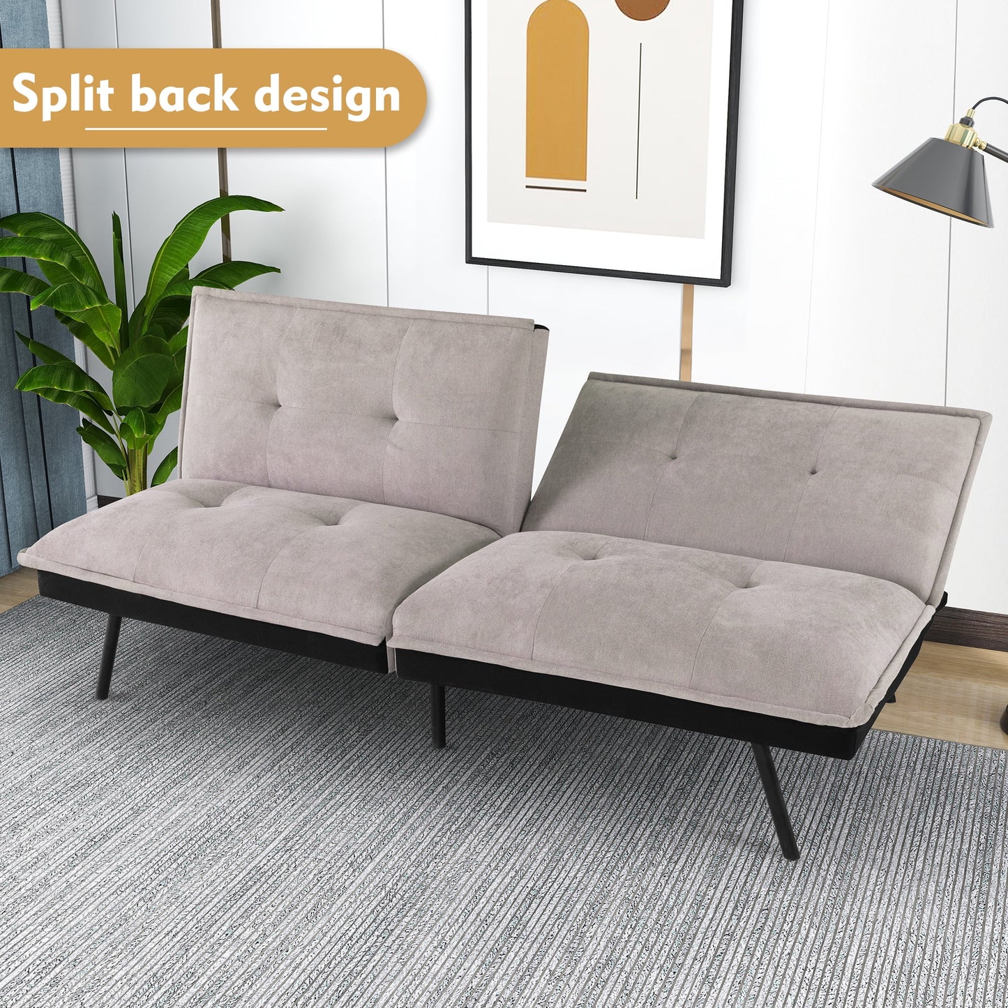 Futon Sofa Bed, Modern Convertible Memory Foam Sleeper Sofa, Adjustable Backrest, Grey